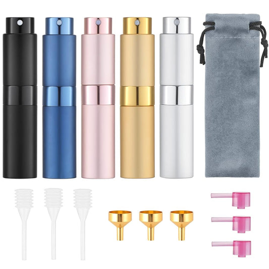Tekson 5PCS 8ml Travel Perfume Atomizer Refillable, Mini Cologne Spray Bottle Empty, Small Aftershave Sprayer for Liquid Dispenser (Five Colors)