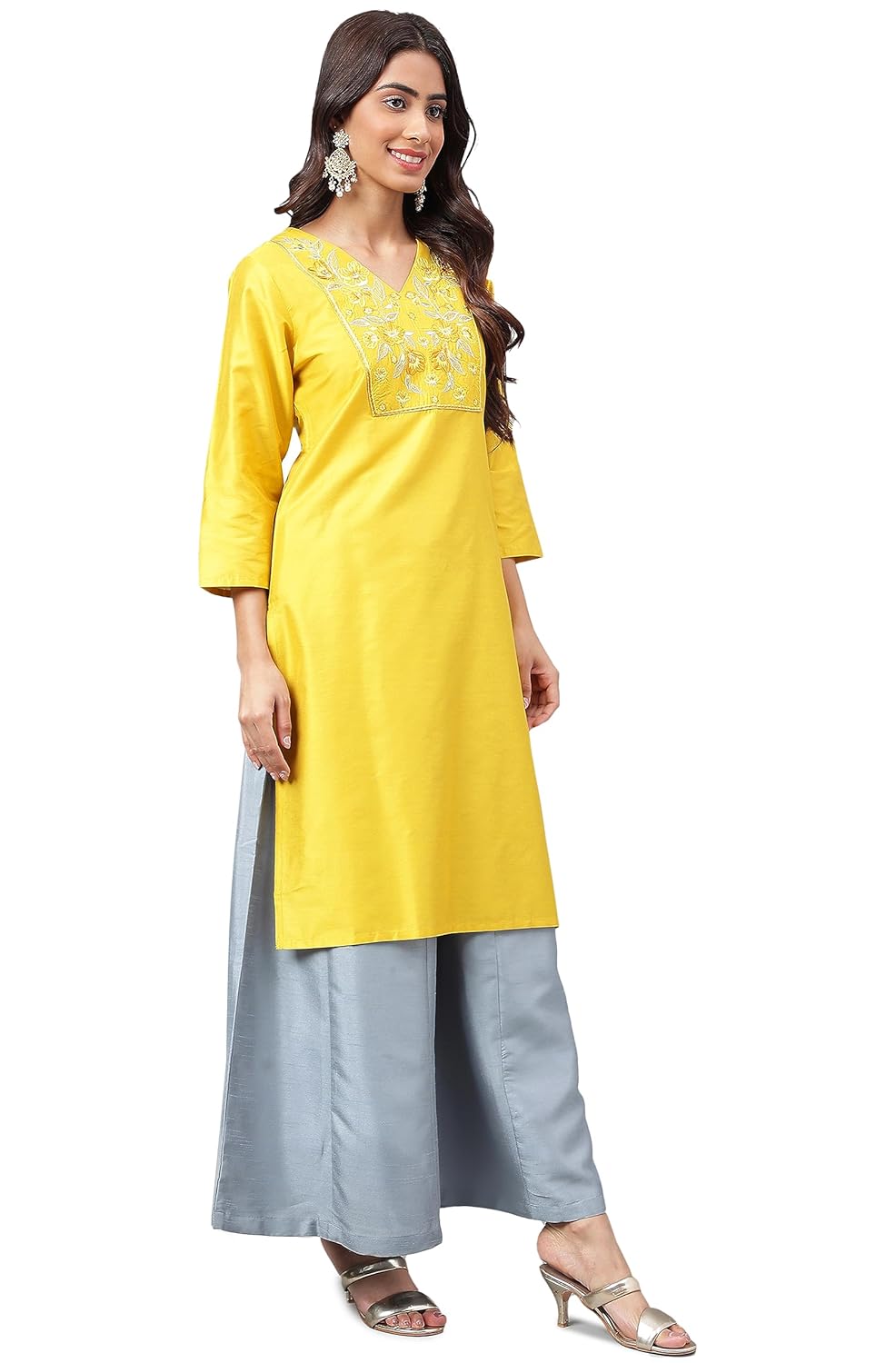 Janasya Women's Yellow Poly Silk Yoke Embroidered Straight Kurta
