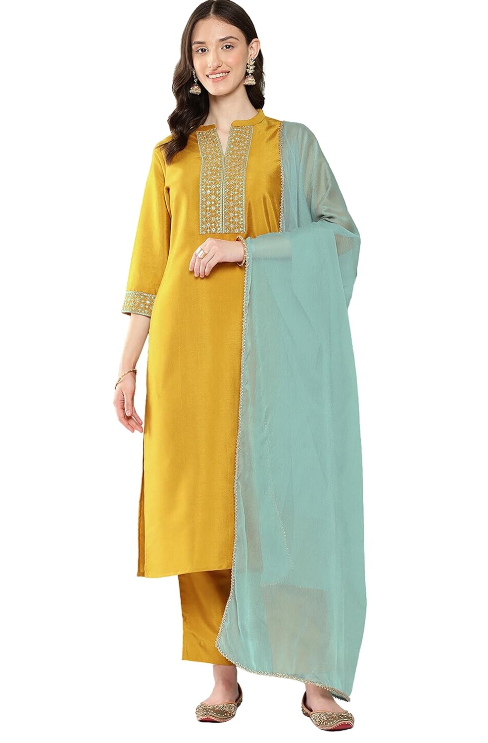 Janasya Women's Mustard Crepe Silk Embroidered Kurta with Pant and Dupatta