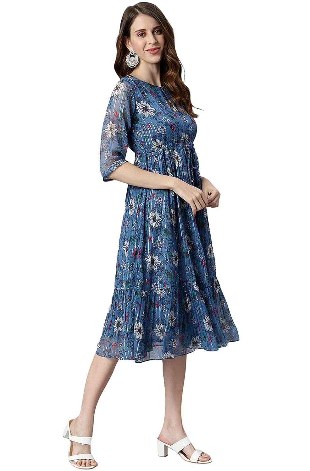 Janasya Women's Blue Poly Georgette Floral Flared Western Dress