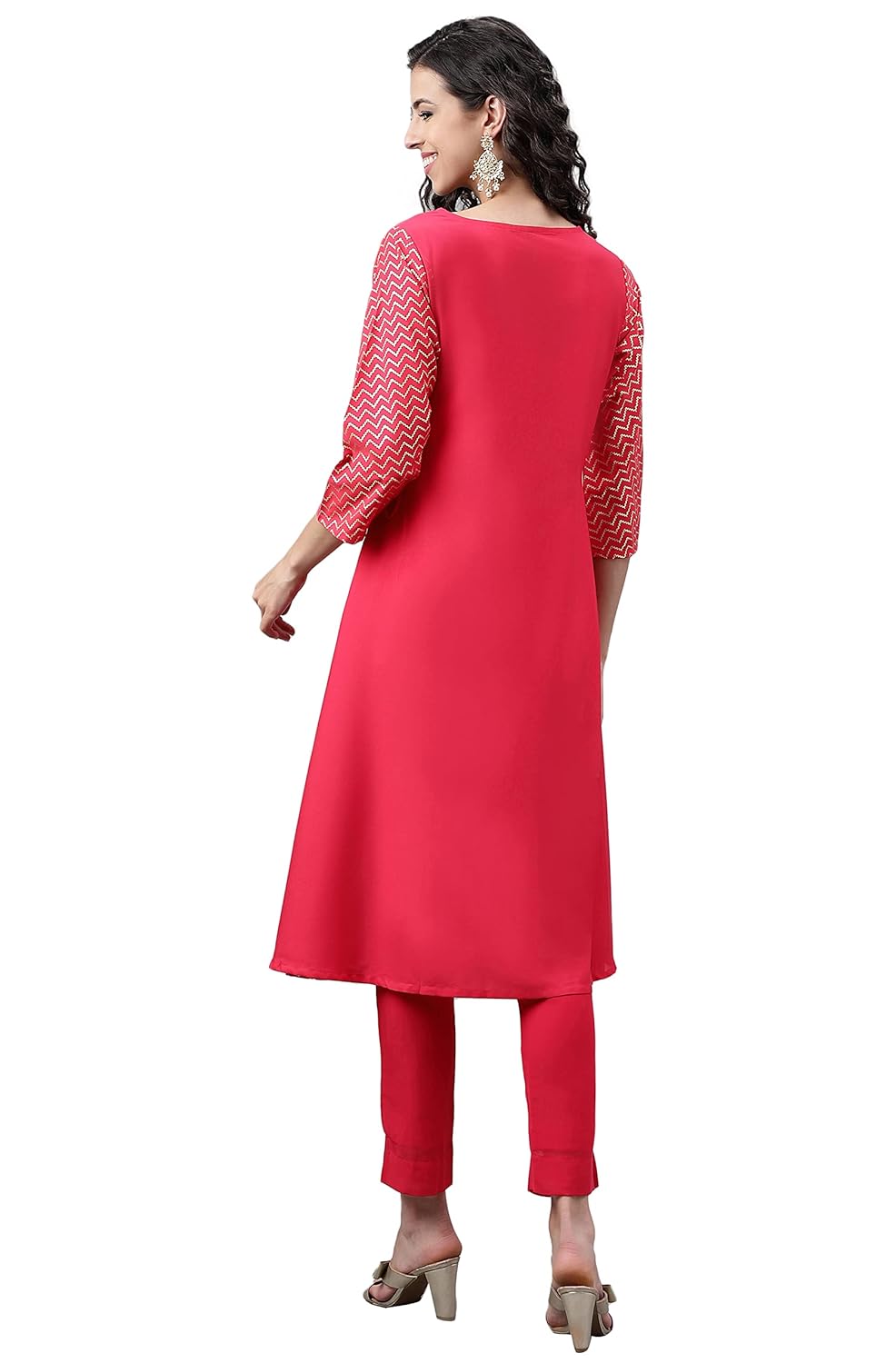 Janasya Women's Pink Crepe Foil Printed Angrakha Kurta