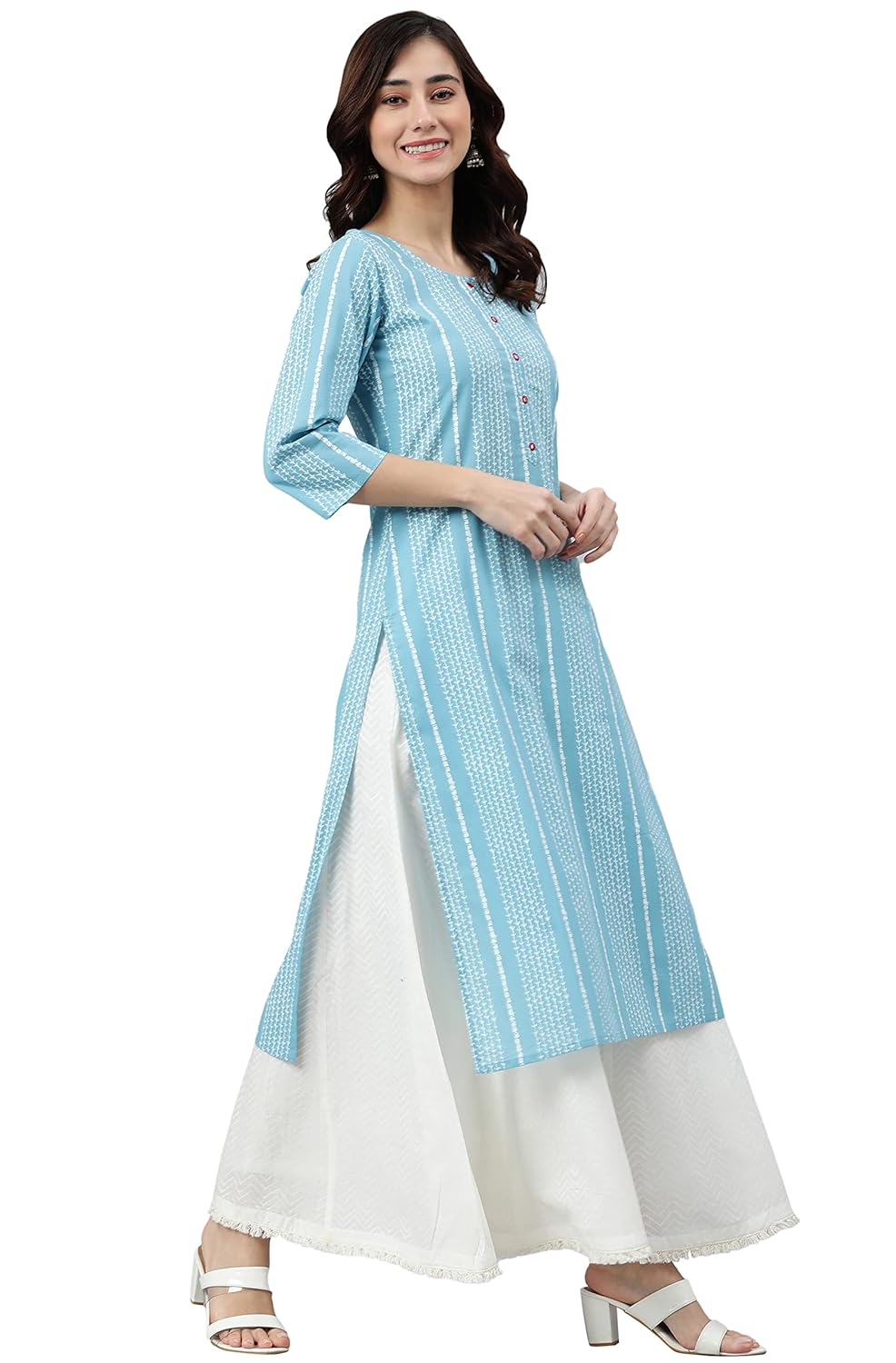 Janasya Women's Blue Cotton Striped Straight Kurta