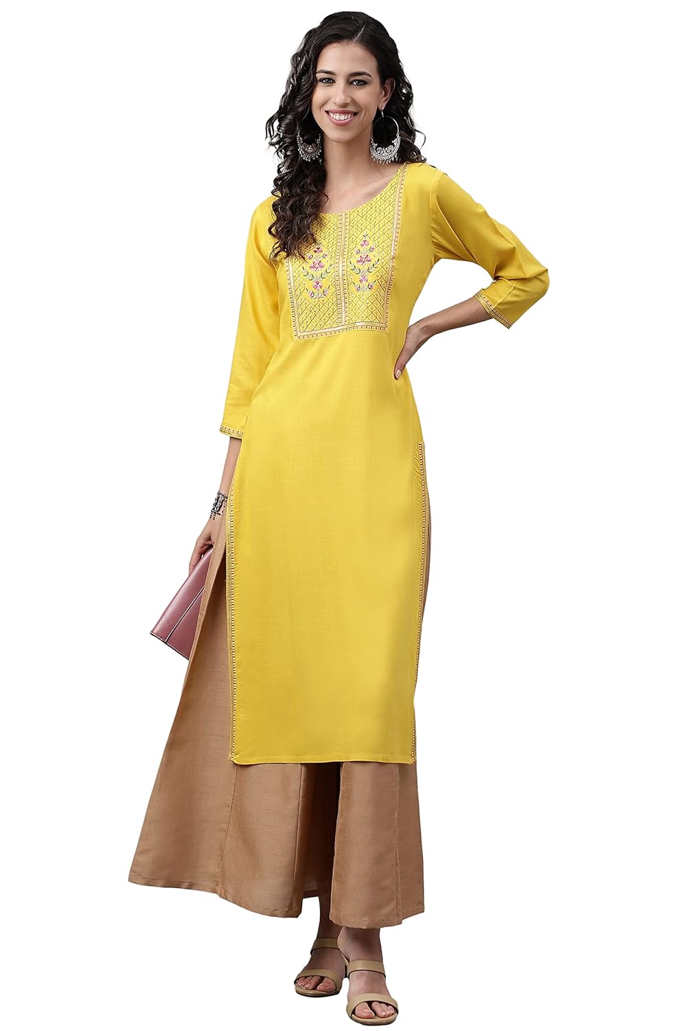 Janasya Women's Mustard Poly Rayon Solid Straight Kurta