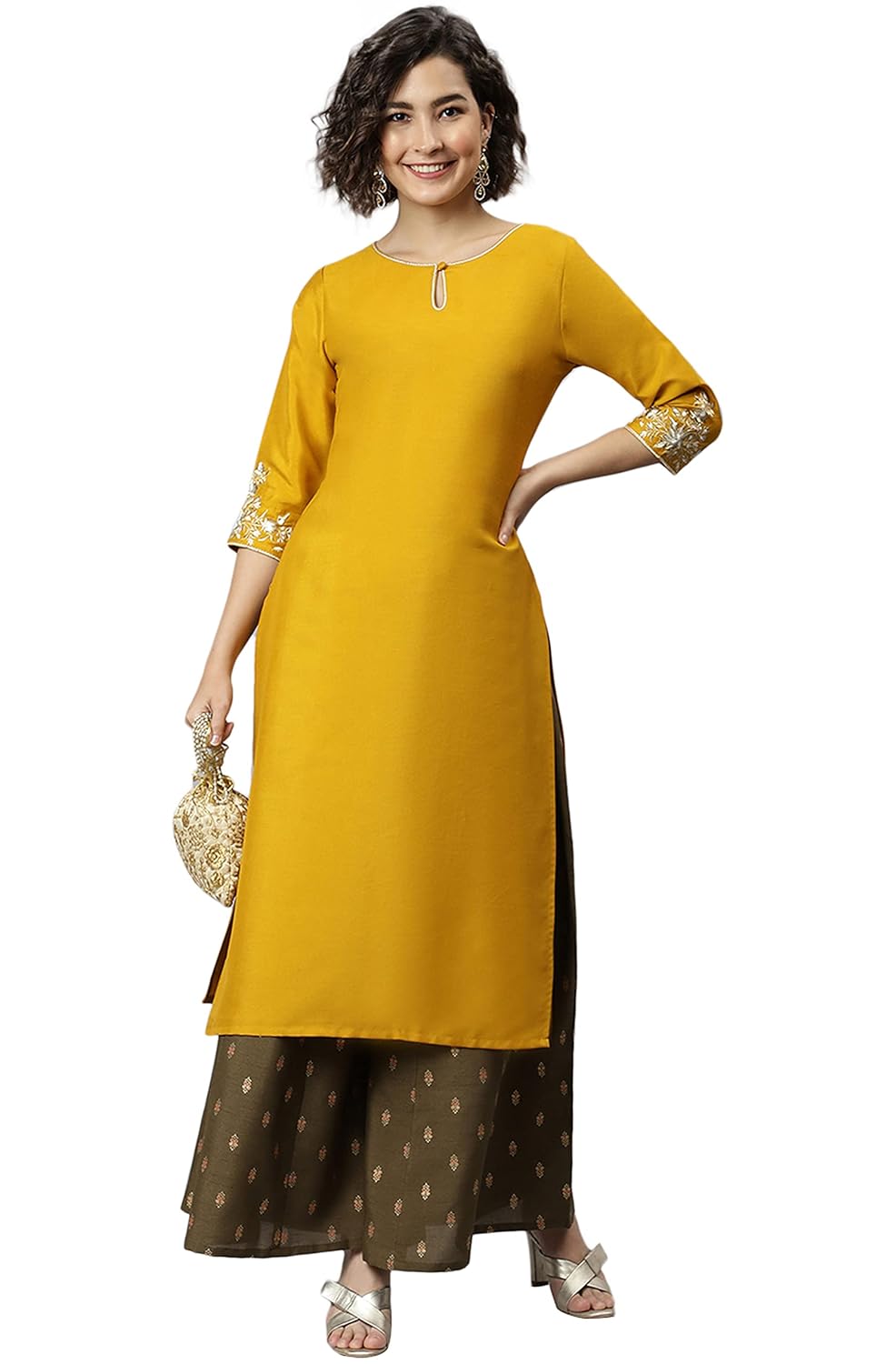 Janasya Women's Mustard Poly Silk Kurta