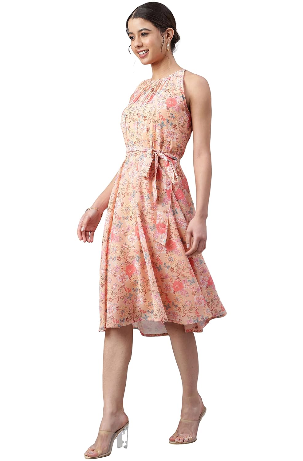 Janasya Women's Peach Georgette Floral Print Midi Dress