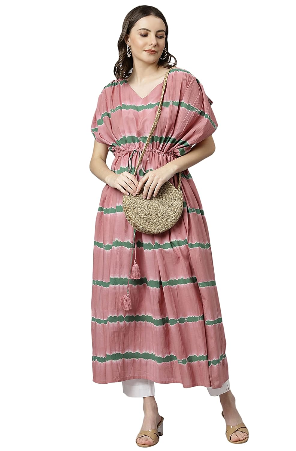 Janasya Women's Pink Cotton Kaftan