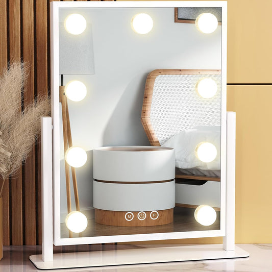 Vanity Mirror with Lights, Lighted Makeup Mirror Hollywood Makeup Mirror with 9 Dimmable Bulbs and 3 Color Lighting Modes, Smart Touch Control, 360¡Rotation