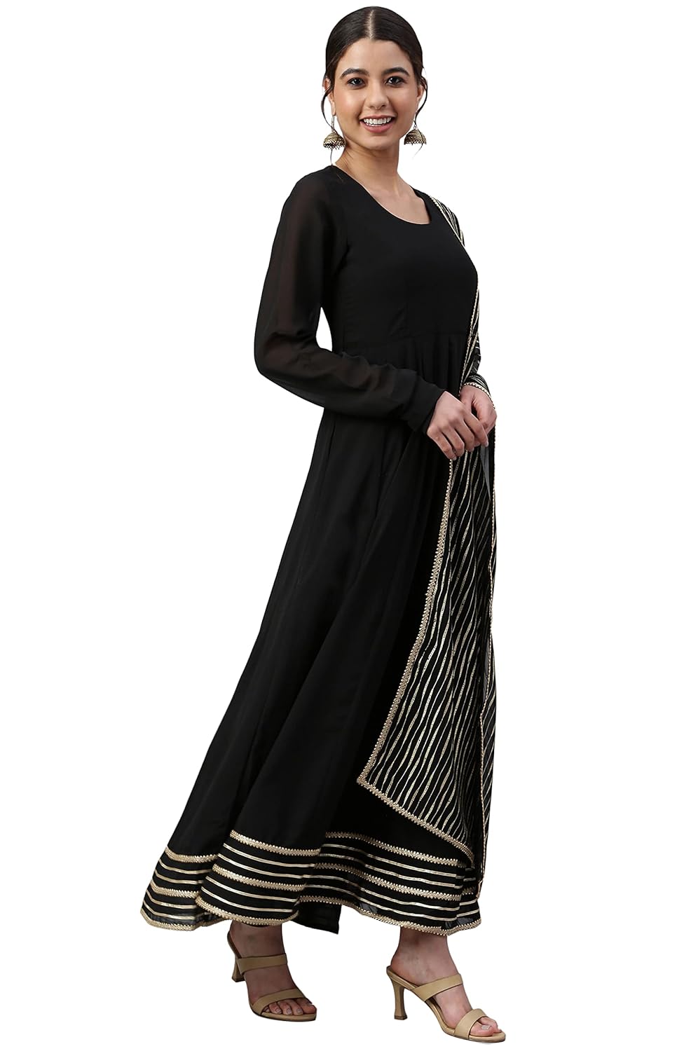 Janasya Women's Grey Poly Georgette Solid Kurta with Dupatta Black