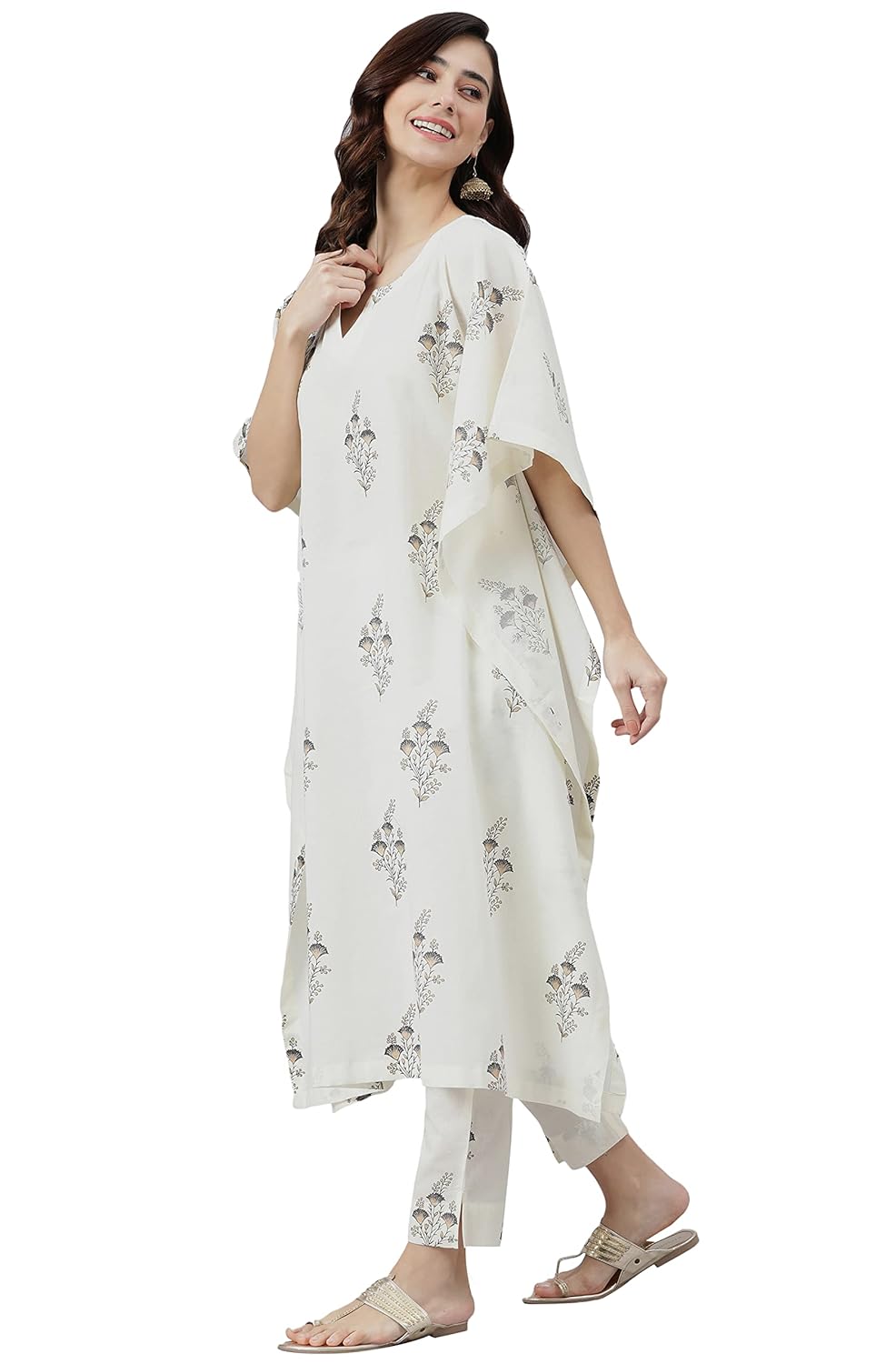 Janasya Women's Cream Cotton Kaftan With Pant