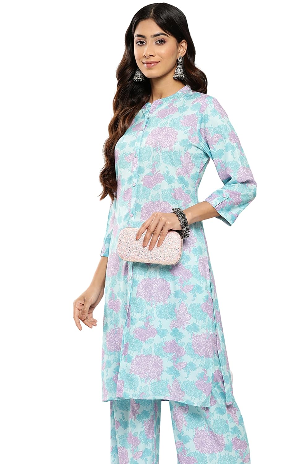 Janasya Women's Sky Blue Crepe Digital Printed Co-ords Set