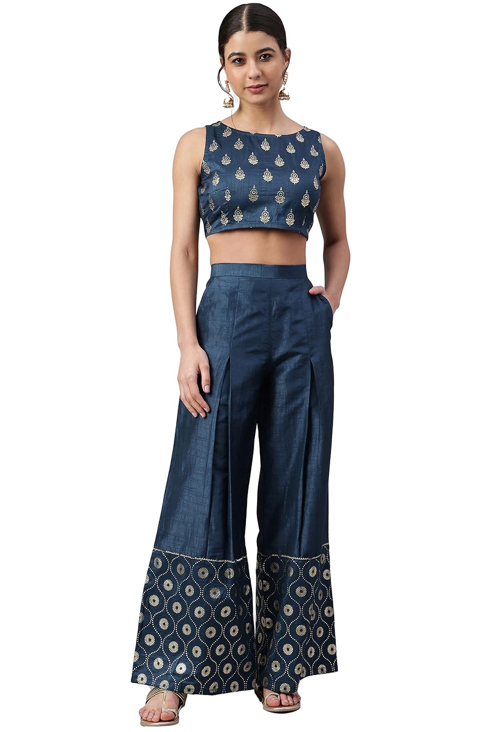 Janasya Women's Teal Poly Silk Foil Print Crop Top with Palazzo and Jacket