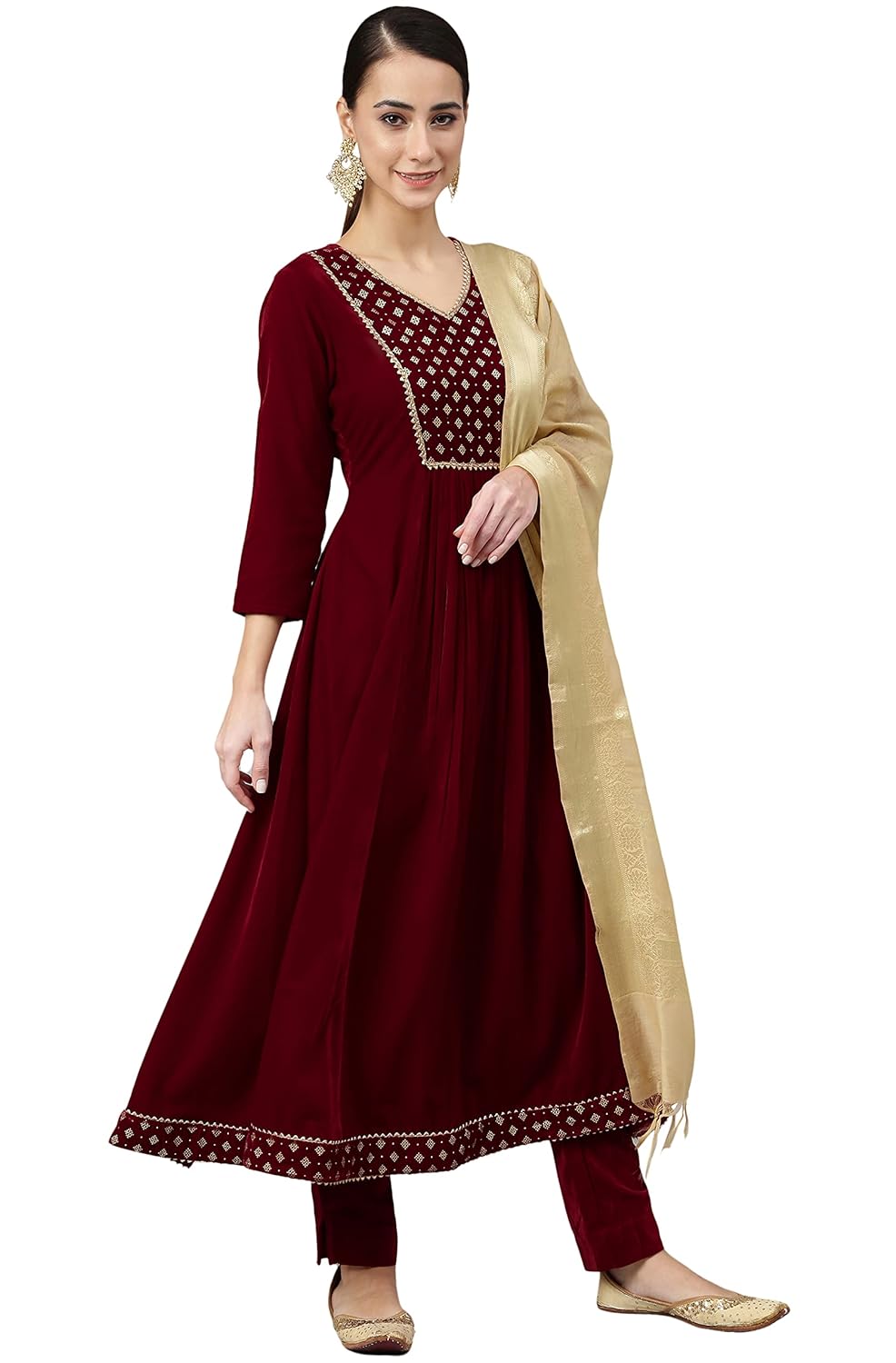 Janasya Women's Maroon Velvet Solid Kurta with Pant and Dupatta