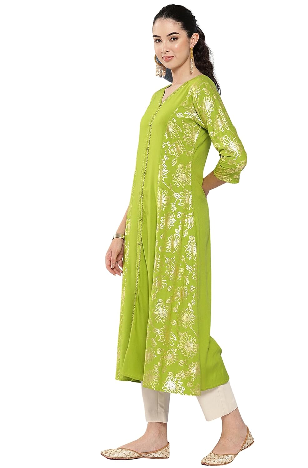 Janasya Women's Lime Green Rayon Foil Printed A-Line Kurta