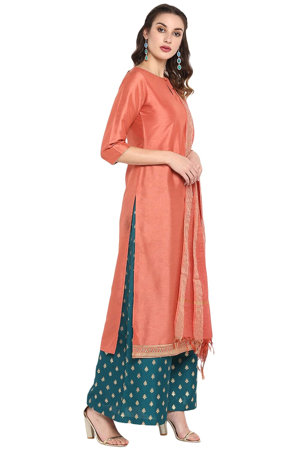 Janasya Women's Pink Poly Silk Kurta With Palazzo and Dupatta