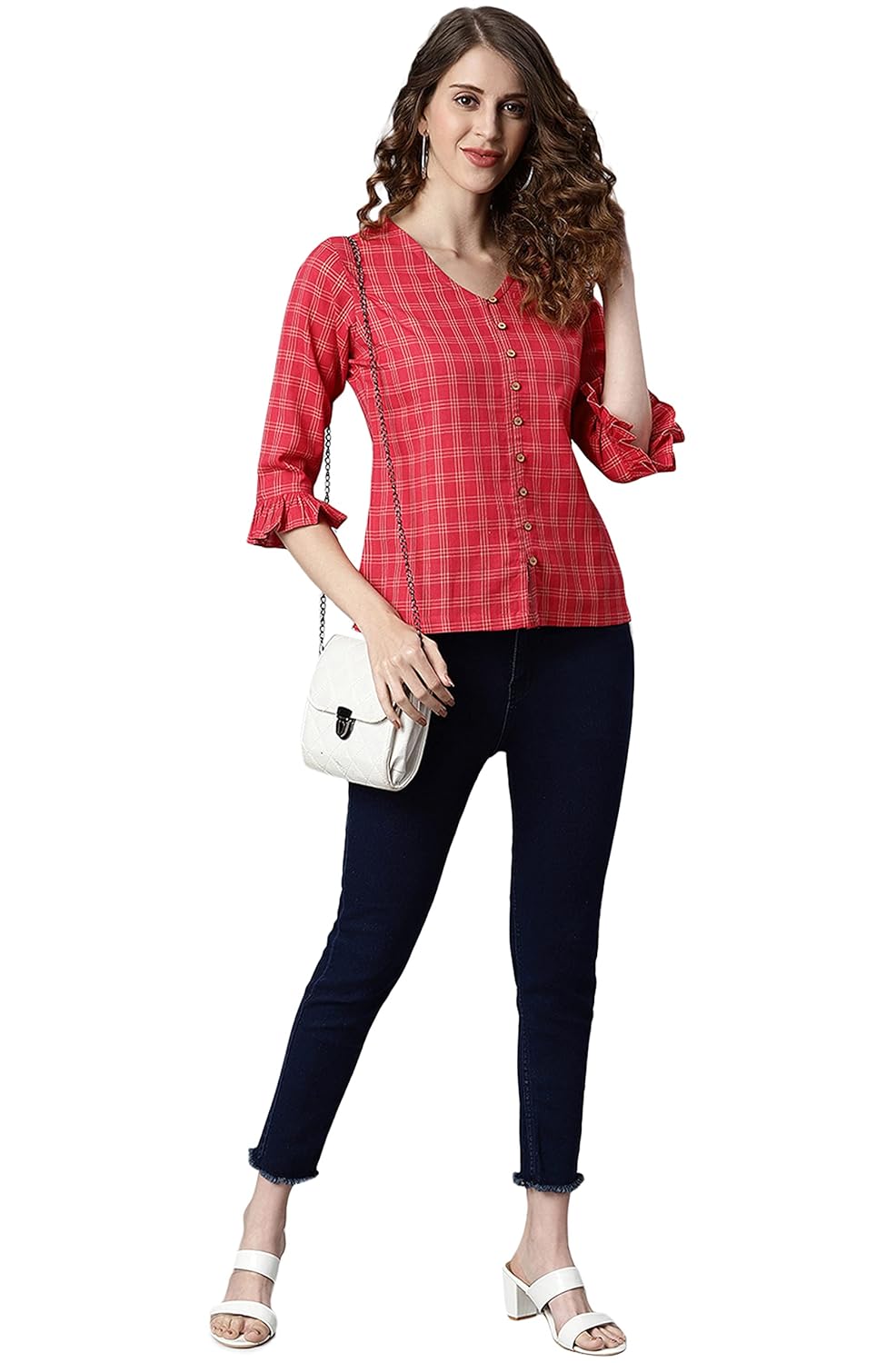 Janasya Women's Red Cotton Checkered Regular Top