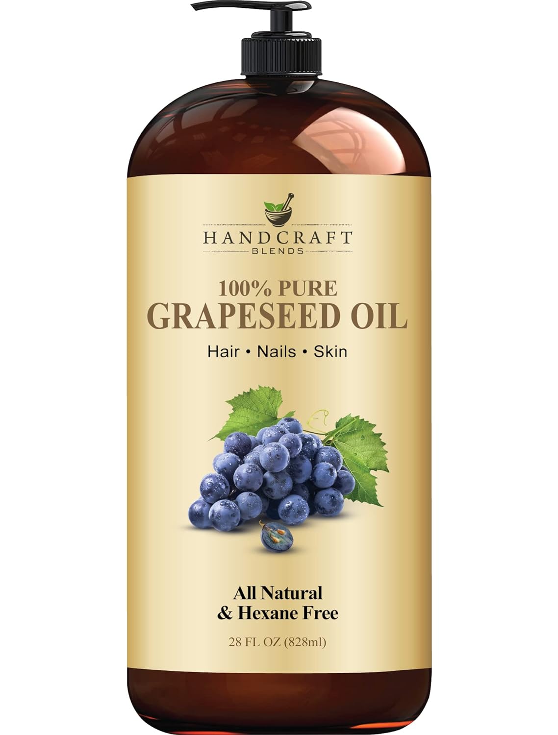 Handcraft Blends Grapeseed Oil - 100% Pure and Natural - Premium Therapeutic Grade Carrier Oil for Aromatherapy, Massage, Moisturizing Skin and Hair - Huge 28 fl. Oz