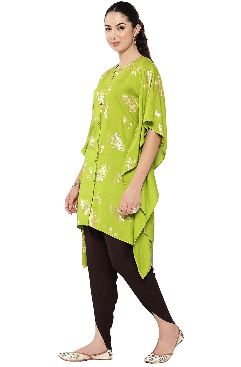 Janasya Women's Lime Green Rayon Foil Printed Kaftan Kaftan Kurta with Tulip Pant