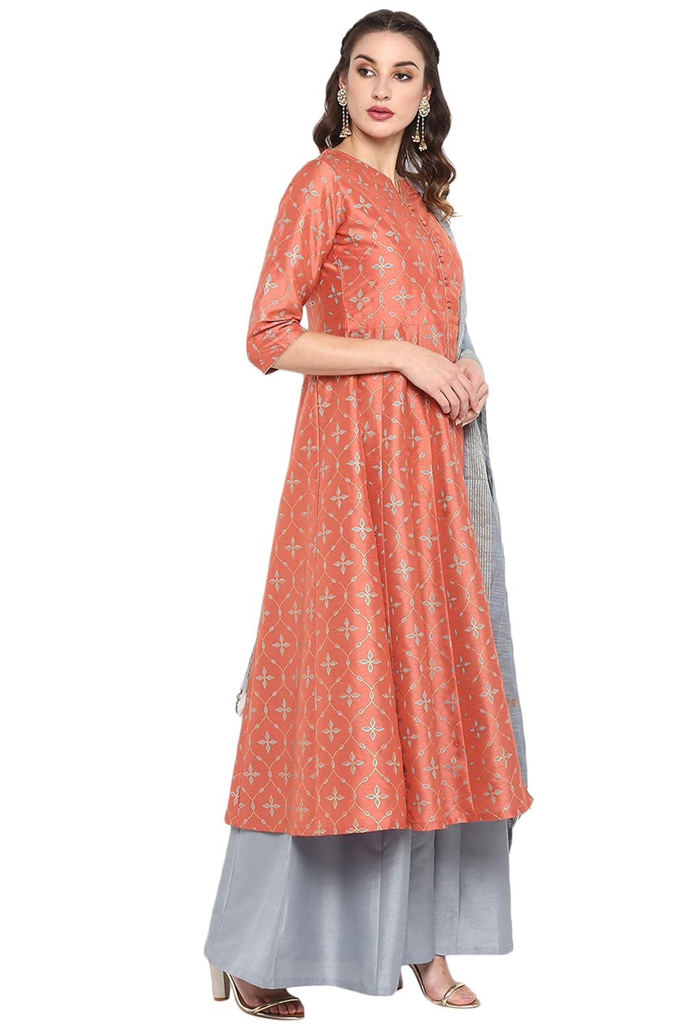 Janasya Women's Peach Poly Silk Foil Printed Kurta with Palazzo and Dupatta