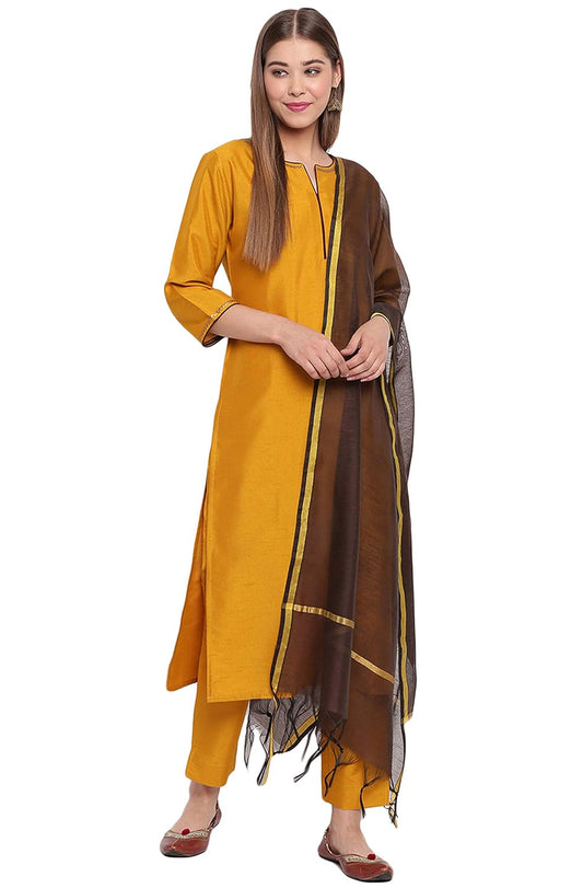 Janasya Women's Mustard Poly Silk Sequined Kurta with Pant and Dupatta