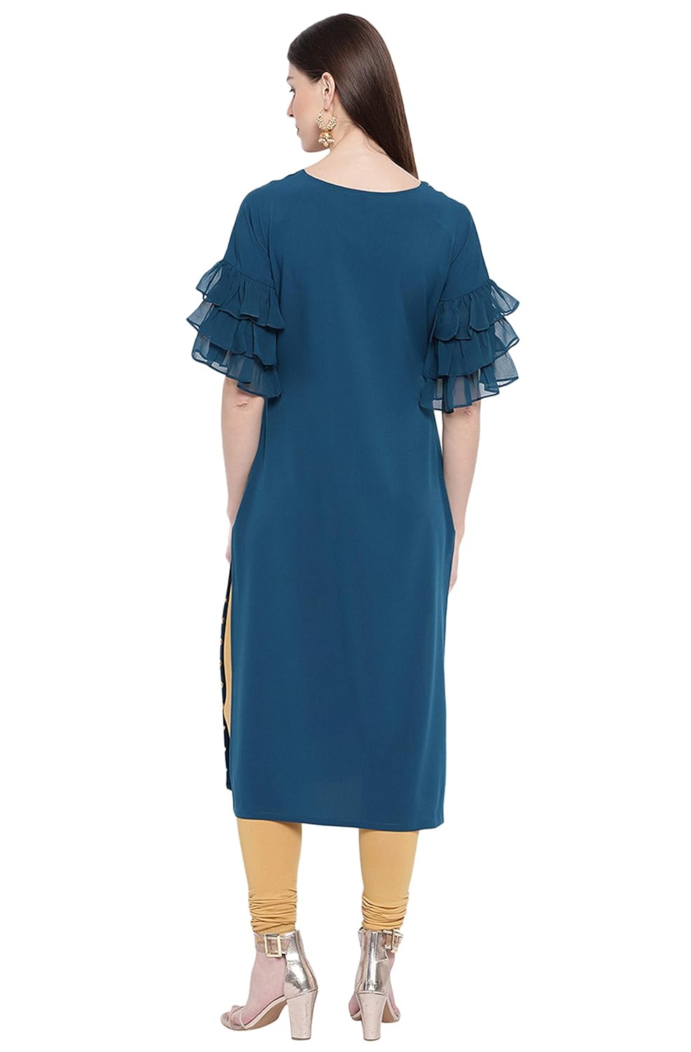 Janasya Women's Teal Poly Crepe Gold Print Straight Kurta