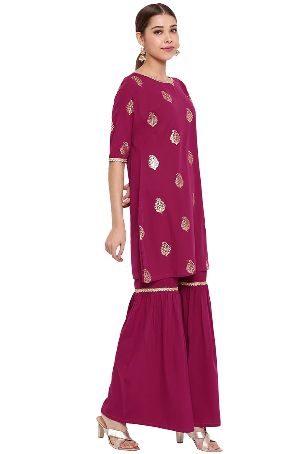 Janasya Women's Dark Green Poly Crepe Gold Print Kurti with Sharara and Dupatta