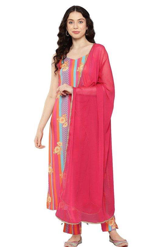 Janasya Women's Pink Moss Digital Printed Kurta with Pant and Dupatta