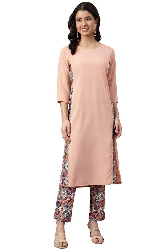 Janasya Women's Peach Crepe Solid Kurta with Pant