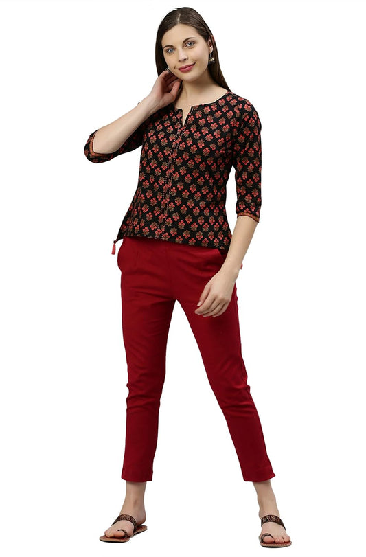 Janasya Women's Regular Black Cotton Top