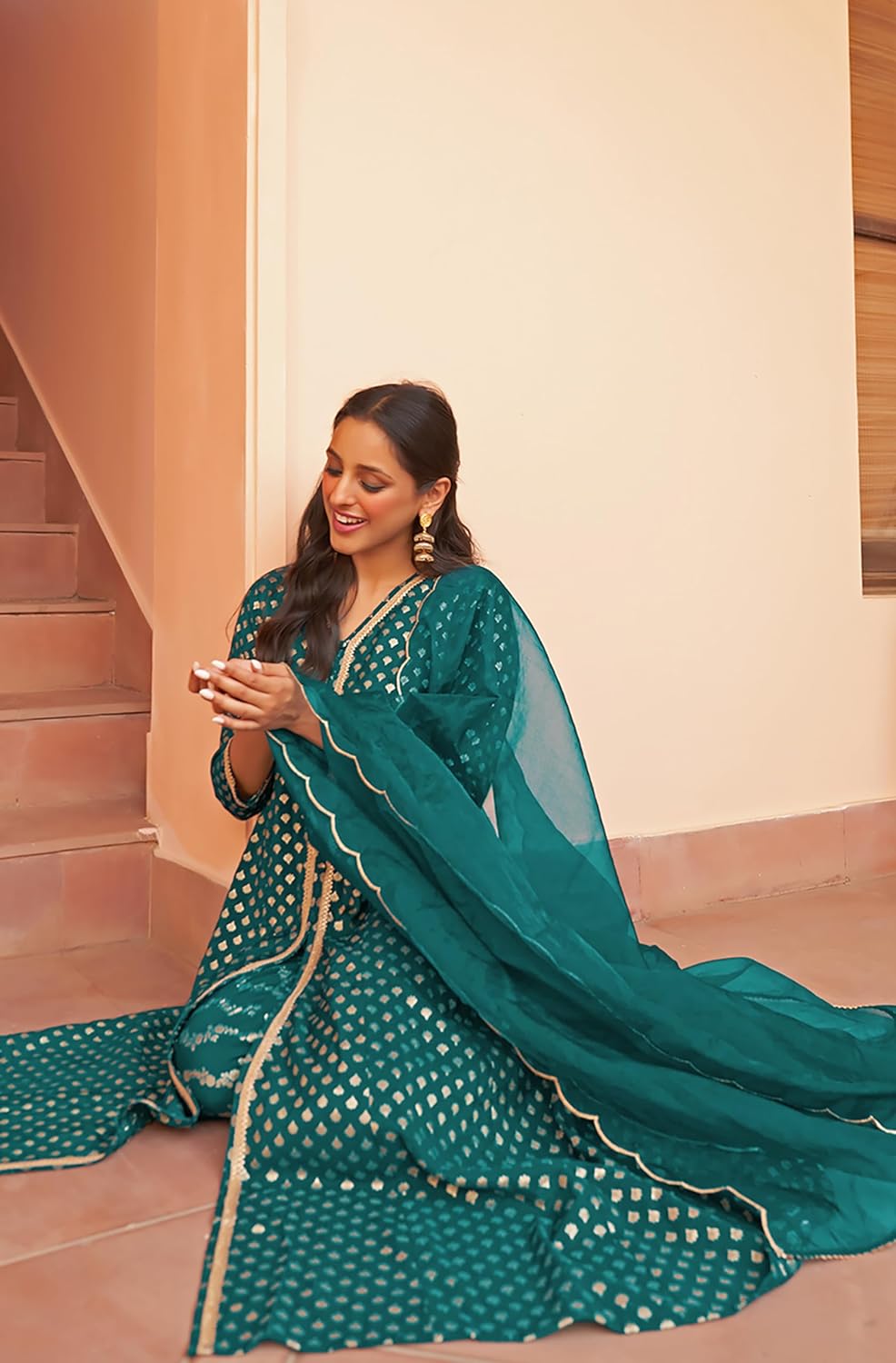 Janasya Women's Teal Brocade Woven Design Kurta with Pant and Dupatta