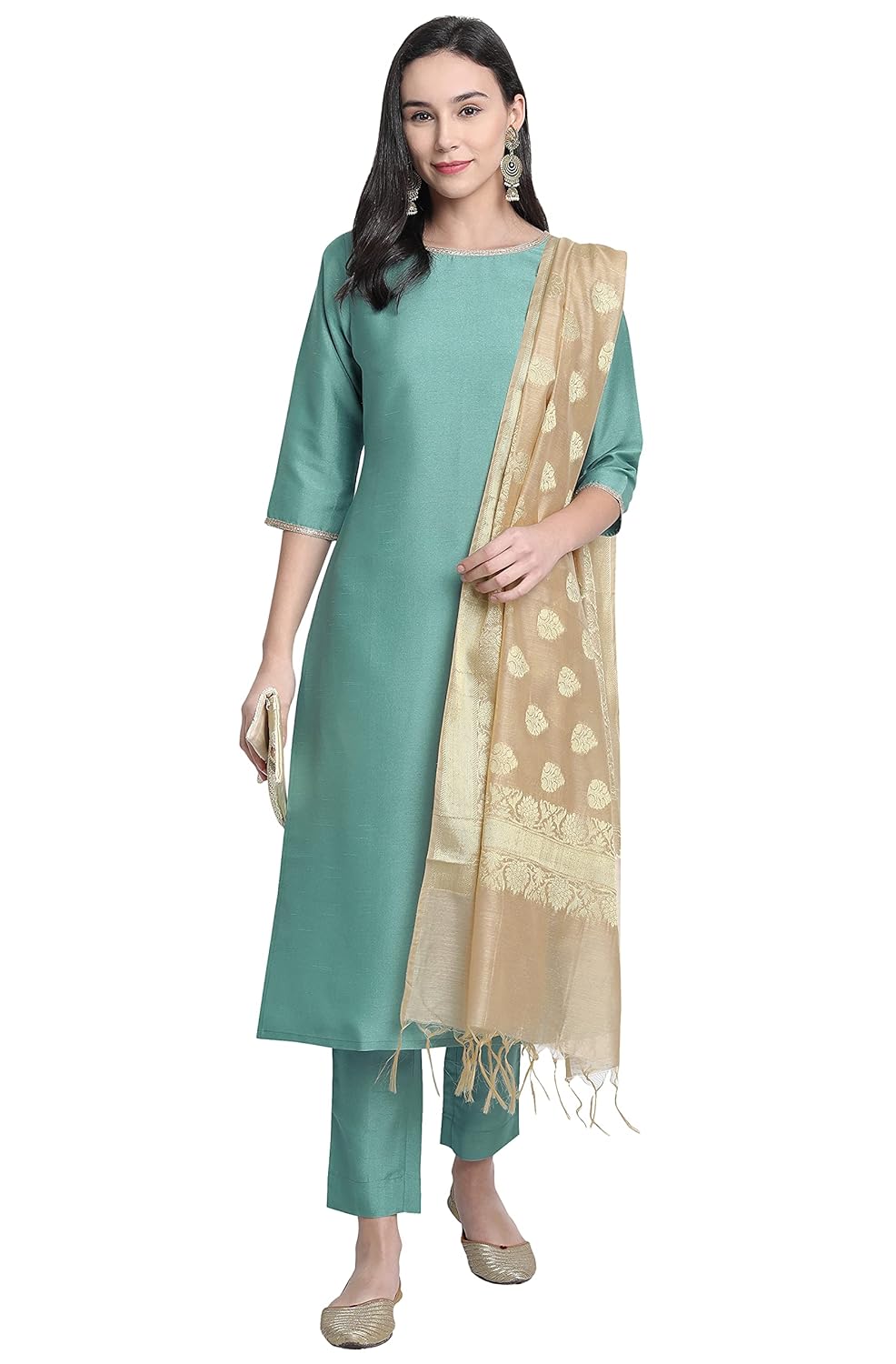 Janasya Women Art Silk Straight Kurta, Pant with Dupatta