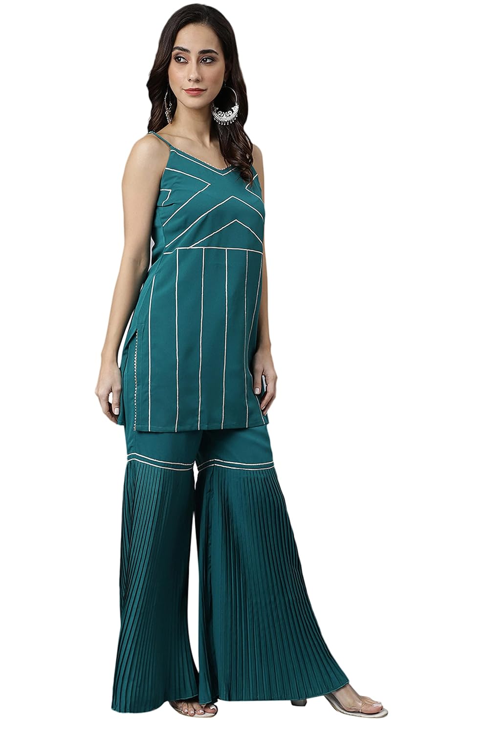 Janasya Women's Teal Green Crepe Gotta Lace Kurta with Sharara and Dupatta