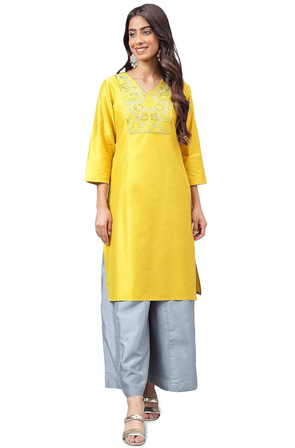Janasya Women's Yellow Poly Silk Yoke Embroidered Straight Kurta