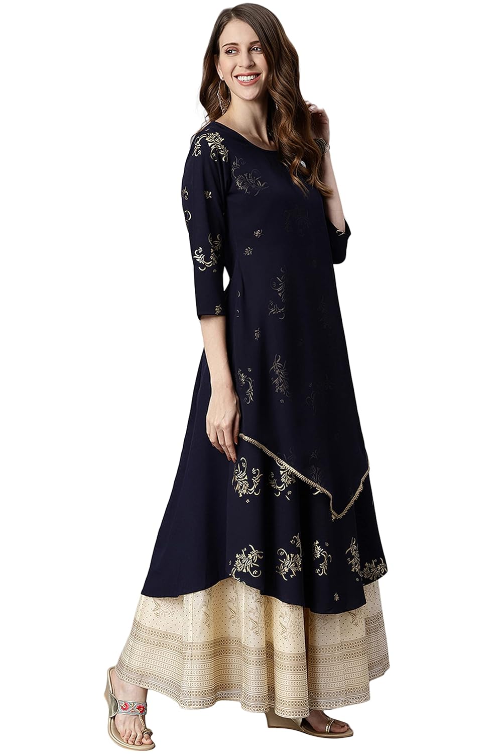 Janasya Women's Navy Blue Poly Crepe Floral Print Flared Kurta