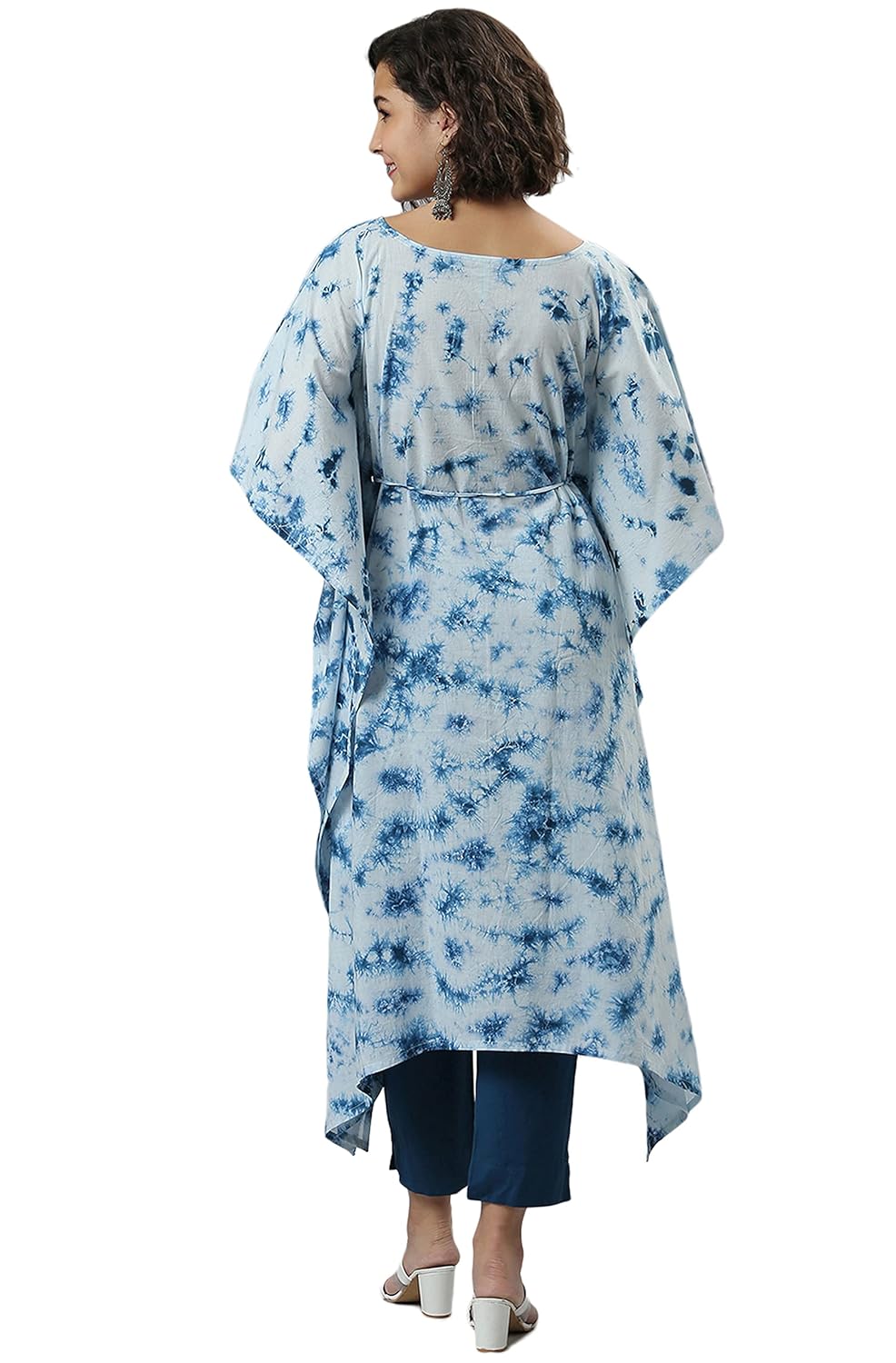 Janasya Women's Sky Blue Cotton Tie-Dye Kaftan Kurta