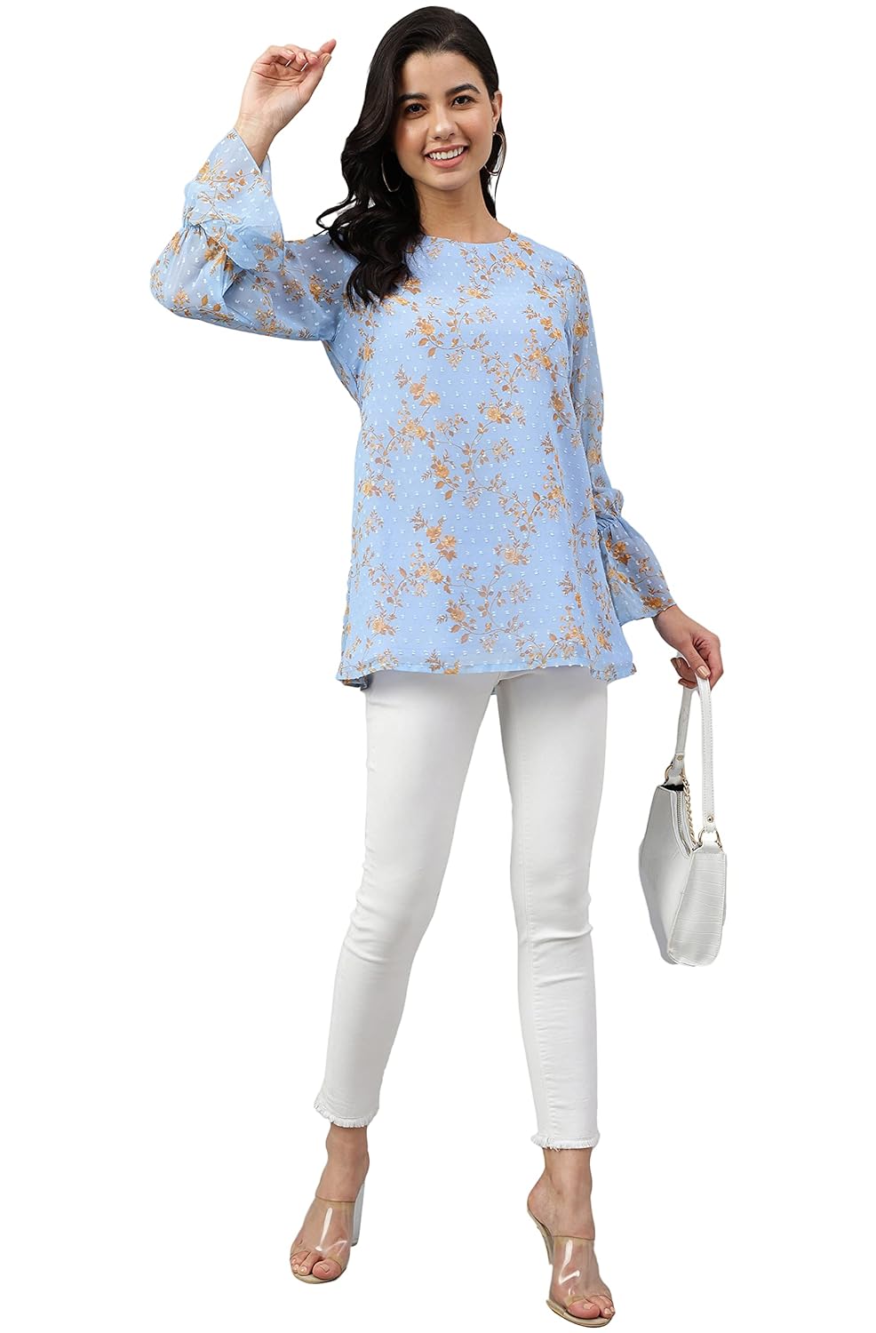 Janasya Women's Sky Blue Dobby Georgette Digital Print A-Line Top