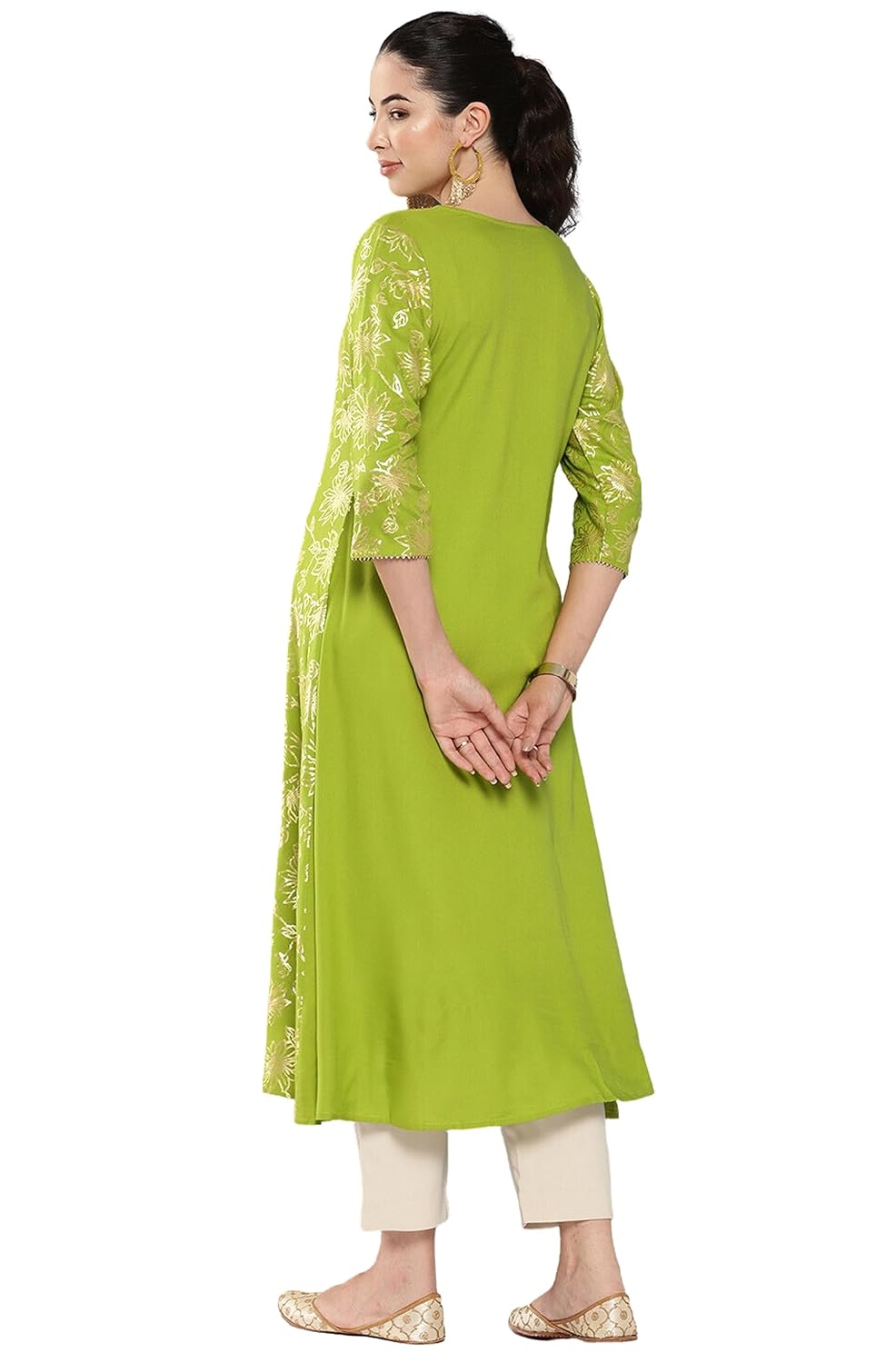 Janasya Women's Lime Green Rayon Foil Printed A-Line Kurta