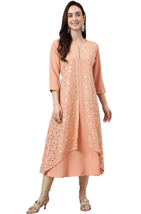 Janasya Women's Peach Crepe Foil Print Frontslit Kurta