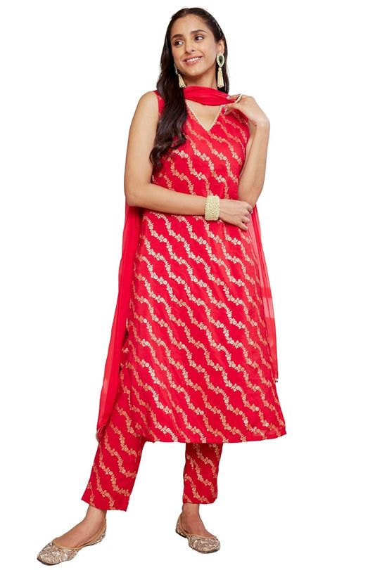 Janasya Women's Red Brocade Woven Design Kurta with Pant and Dupatta