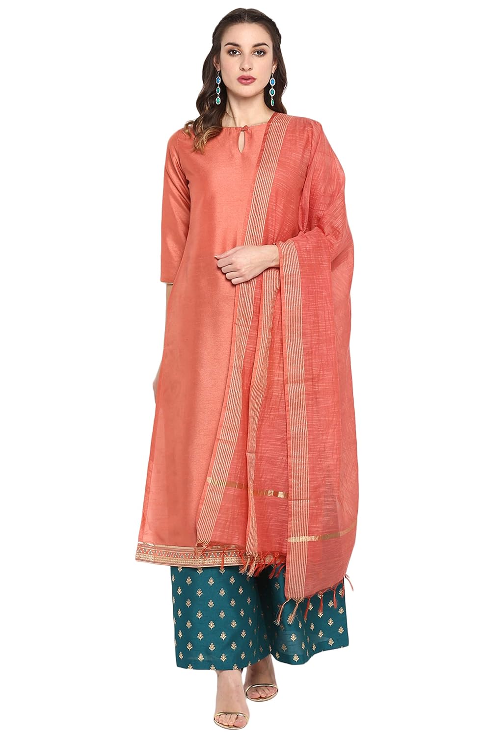 Janasya Women's Pink Poly Silk Kurta With Palazzo and Dupatta