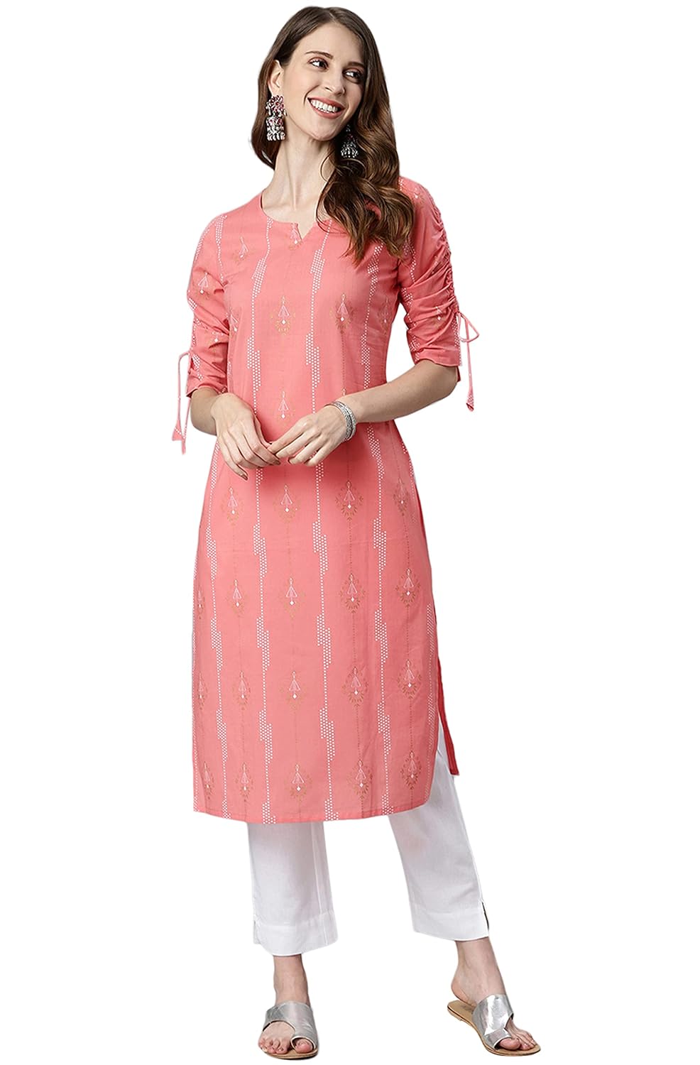 Janasya Women's Blue Cotton Ethnic Motifs Straight Kurta Pink
