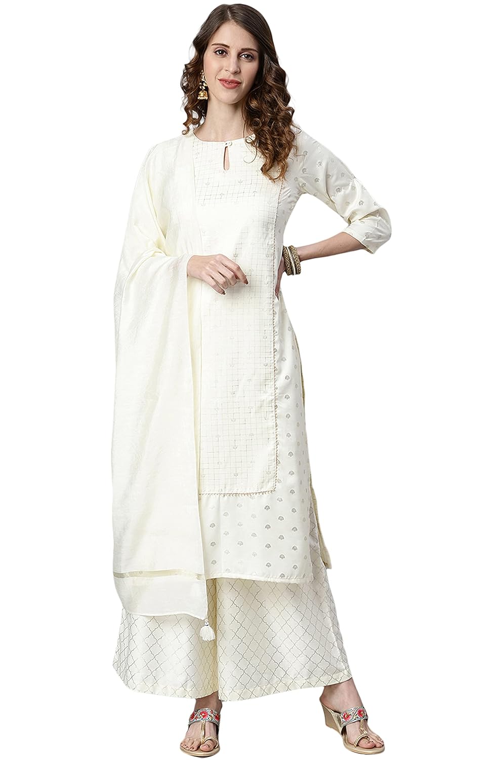 Janasya Women's Off- White and Silver Poly Silk Kurta With Palazzo and Dupatta