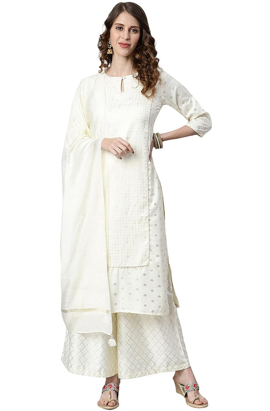 Janasya Women's Off- White and Silver Poly Silk Kurta With Palazzo and Dupatta