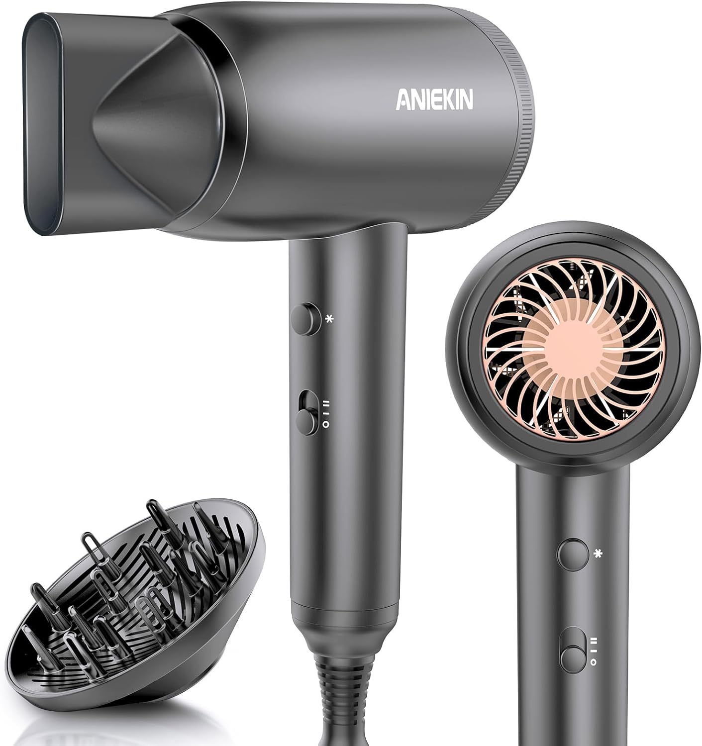 ANIEKIN Hair Blow Dryer, Professional Ionic Hair Dryer with Diffuser and Concentrator for Curly Hair, Lightweight Travel Hair Dryer for Women Fast Drying and Quiet-Gray