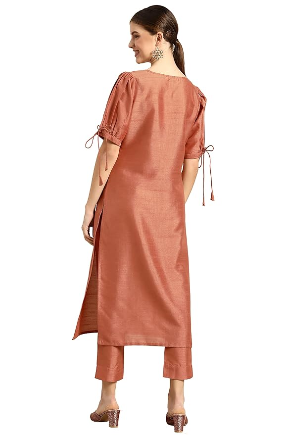 Janasya Women's Peach Poly Silk Kurta With Pant