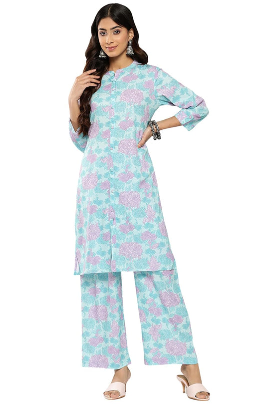 Janasya Women's Sky Blue Crepe Digital Printed Co-ords Set
