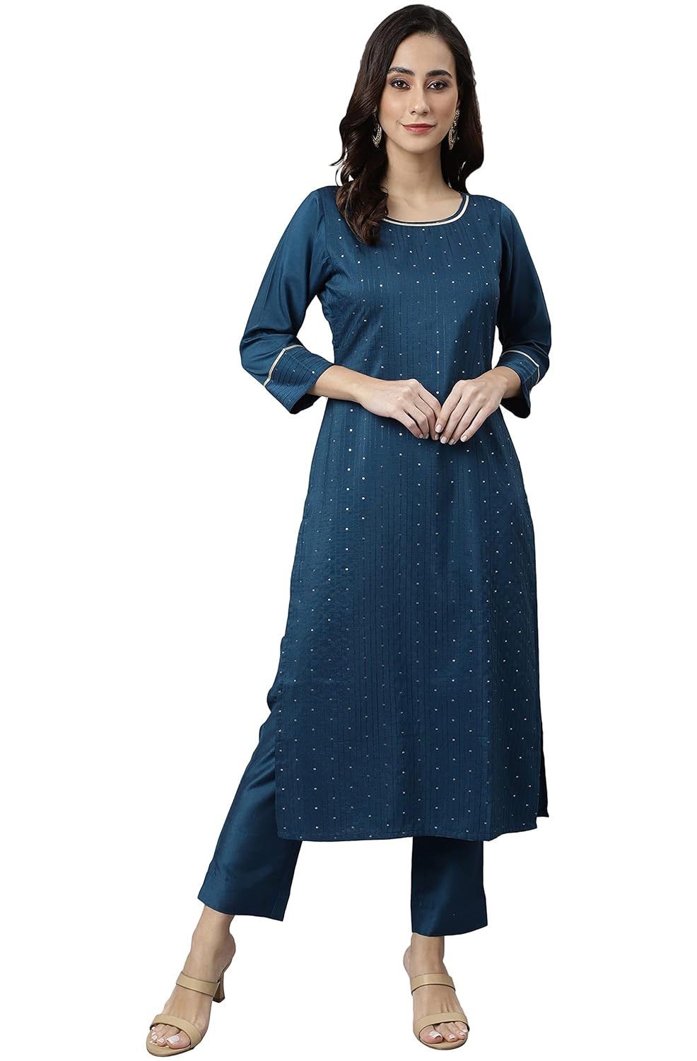 Janasya Women's Teal Poly Silk Embroidered Kurta with Pant - XS