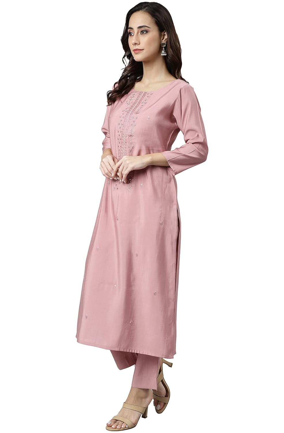 Janasya Women's Light Pink Poly Silk Embroidered Kurta with Pant and Dupatta