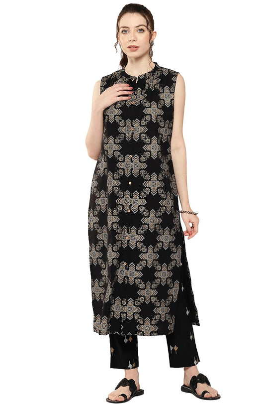 Janasya Women's Black Cotton Ethnic Motif Printed Kurta with Pant