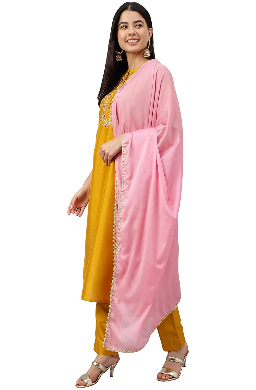Janasya Women's Mustard Poly Silk Solid Kurta with Pant and Dupatta (Pink)