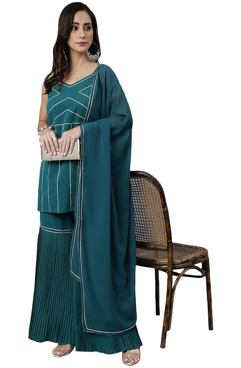 Janasya Women's Teal Green Crepe Gotta Lace Kurta with Sharara and Dupatta